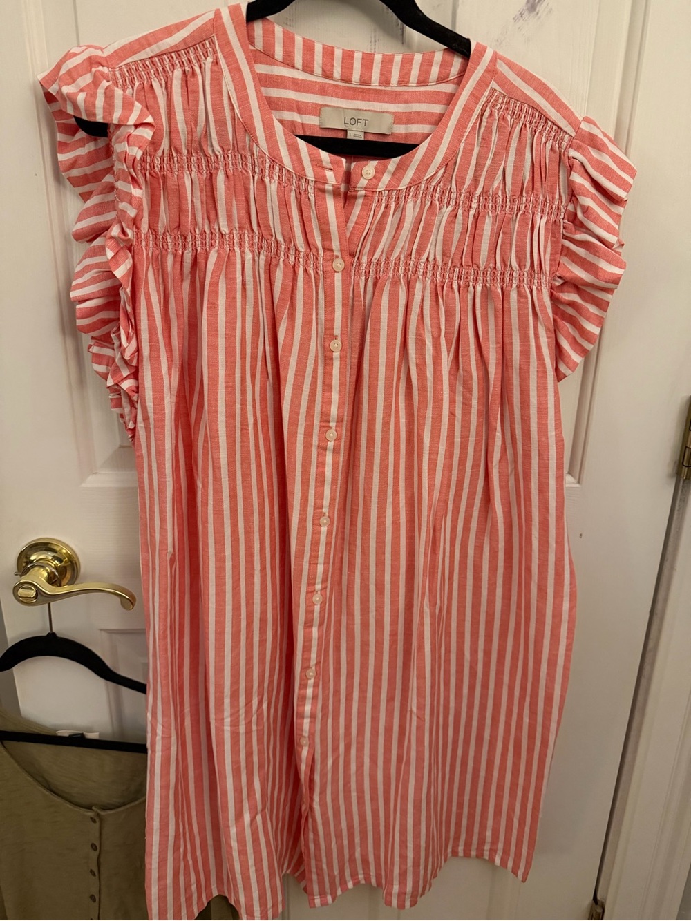LOFT Pink & White Striped Dress- Ruffle Sleeve